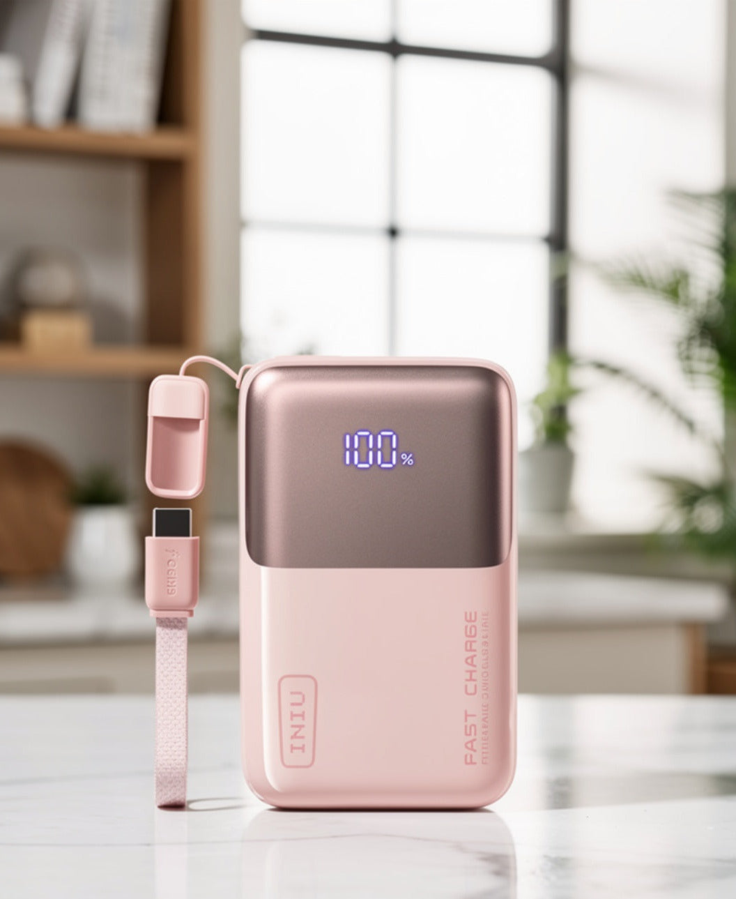 INIU 10000mAh 45W Ultra Mini Portable Charger Power Bank with Cable -  (Light Pink)