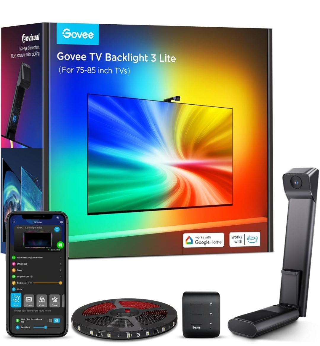 Govee TV Backlight 3 Lite with Fish-Eye Correction Function Sync to 75-85 Inch TVs, 16.4ft RGBICW Wi-Fi LED Strip Lights with Camera, 4 Colors in 1 Lamp Bead, Voice and APP Control, Adapter