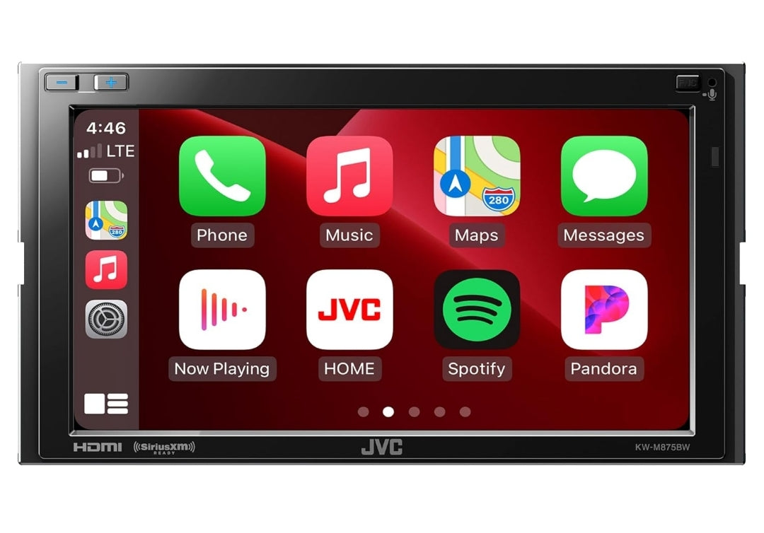 JVC Ingeboude Wi-Fi vir Draadlose CarPlay Android Auto, 6.8" LCD-raakskerm, AM/FM, Bluetooth, MP3-speler, USB-poort, Dubbel DIN, 13-band EQ, SiriusXM Motorradio