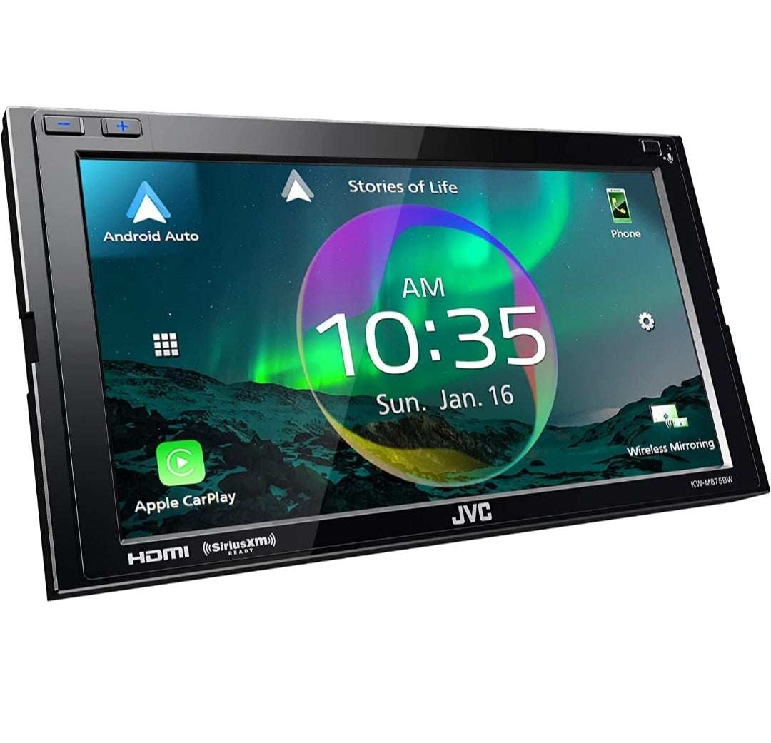 JVC Ingeboude Wi-Fi vir Draadlose CarPlay Android Auto, 6.8" LCD-raakskerm, AM/FM, Bluetooth, MP3-speler, USB-poort, Dubbel DIN, 13-band EQ, SiriusXM Motorradio
