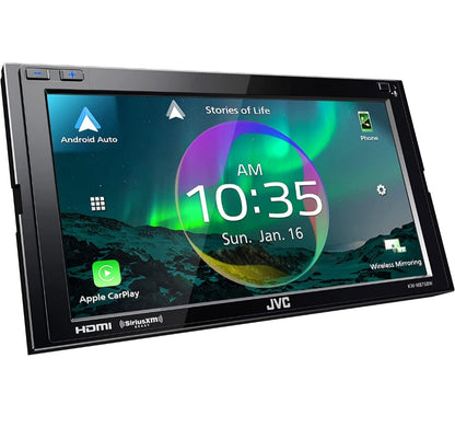 JVC Ingeboude Wi-Fi vir Draadlose CarPlay Android Auto, 6.8" LCD-raakskerm, AM/FM, Bluetooth, MP3-speler, USB-poort, Dubbel DIN, 13-band EQ, SiriusXM Motorradio