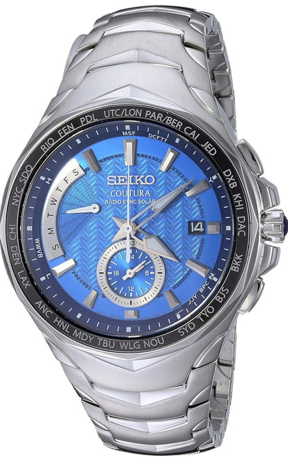 SEIKO-horlosie vir Mans - Coutura-versameling - Radiosinkroniserende Sonkrag-chronograaf, Tweekleurige Vlekvryestaal-kas en -armband, Swart Horlosieplaat met Lumibrite-wysers en -merkers, en Datumkalender