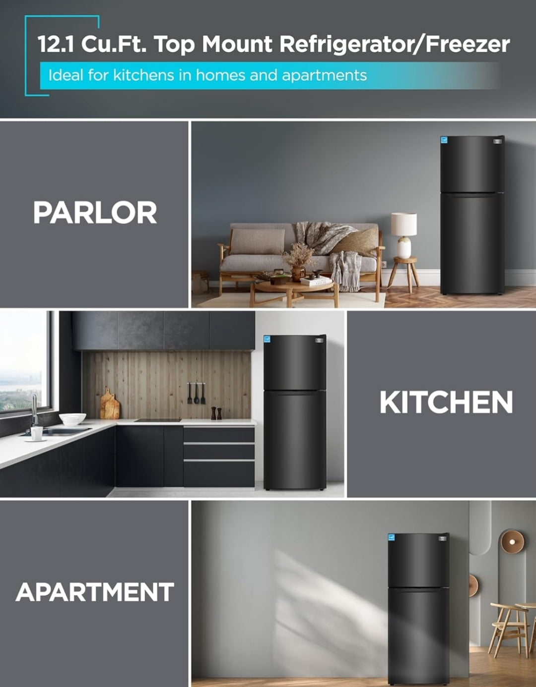 BLACK+DECKER 12.1 Kvk. Vt. Bo-op Monteerbare Yskas met Vleiskas, 2 Deur Yskas met Bo-Vleiskas en Verstelbare Temperatuurbeheer, Vir Huise en Woonstelle, ENERGY STAR, BR1210HB, Swart