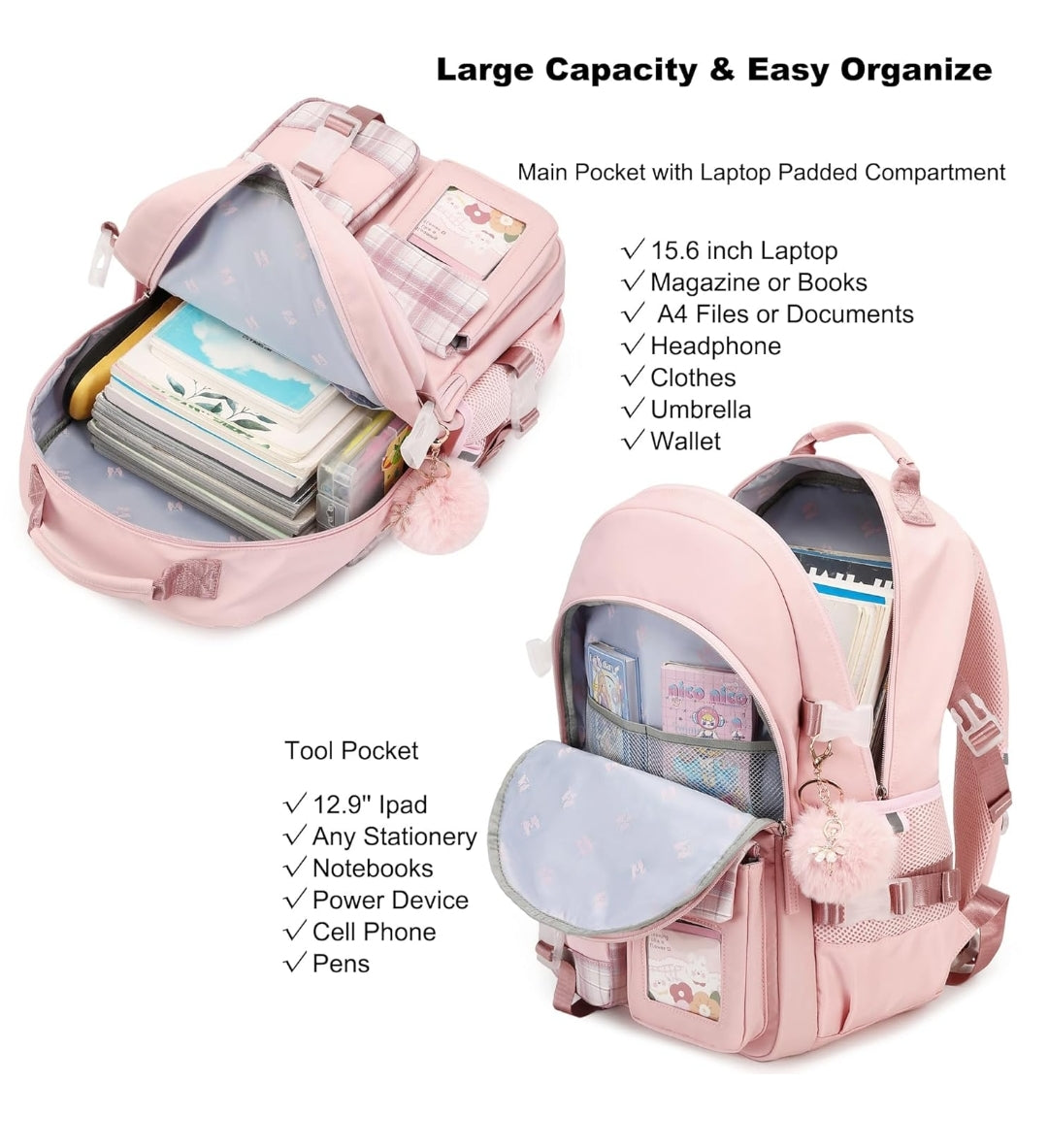 Backpack for Girls, 15.6 Inch Laptop School Bag Kids Kindergarten Elementary College Backpacks Large Bookbags for Teen Girl Women Students Casual Travel Daypacks (Pink)