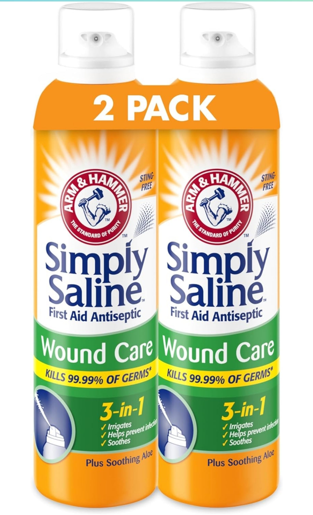 Arm & Hammer Simply Saline Wound Care 3-in-1, Antiseptic First Aid Spray with Aloe Sting-Free Saline (7.4 oz / 2pk)