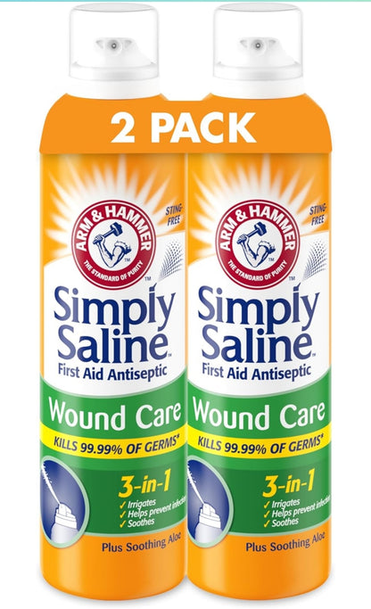 Arm & Hammer Simply Saline Wound Care 3-in-1, Antiseptic First Aid Spray with Aloe Sting-Free Saline (7.4 oz / 2pk)
