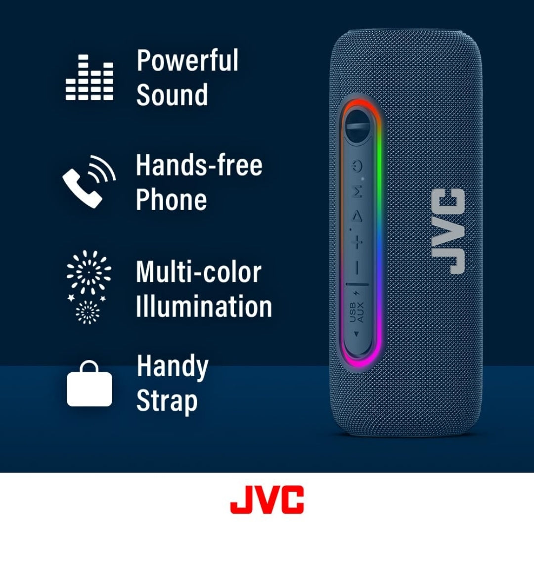JVC Verligte Draagbare Koordlose Luidspreker met 20W maksimum uitsette, Dinamiese Klank, Bluetooth 5.0, TWS-vermoë, USB-C, IPX5, AUX-ingang, tot 5-uur batterylewe - SPPA5BTA (Blou)
