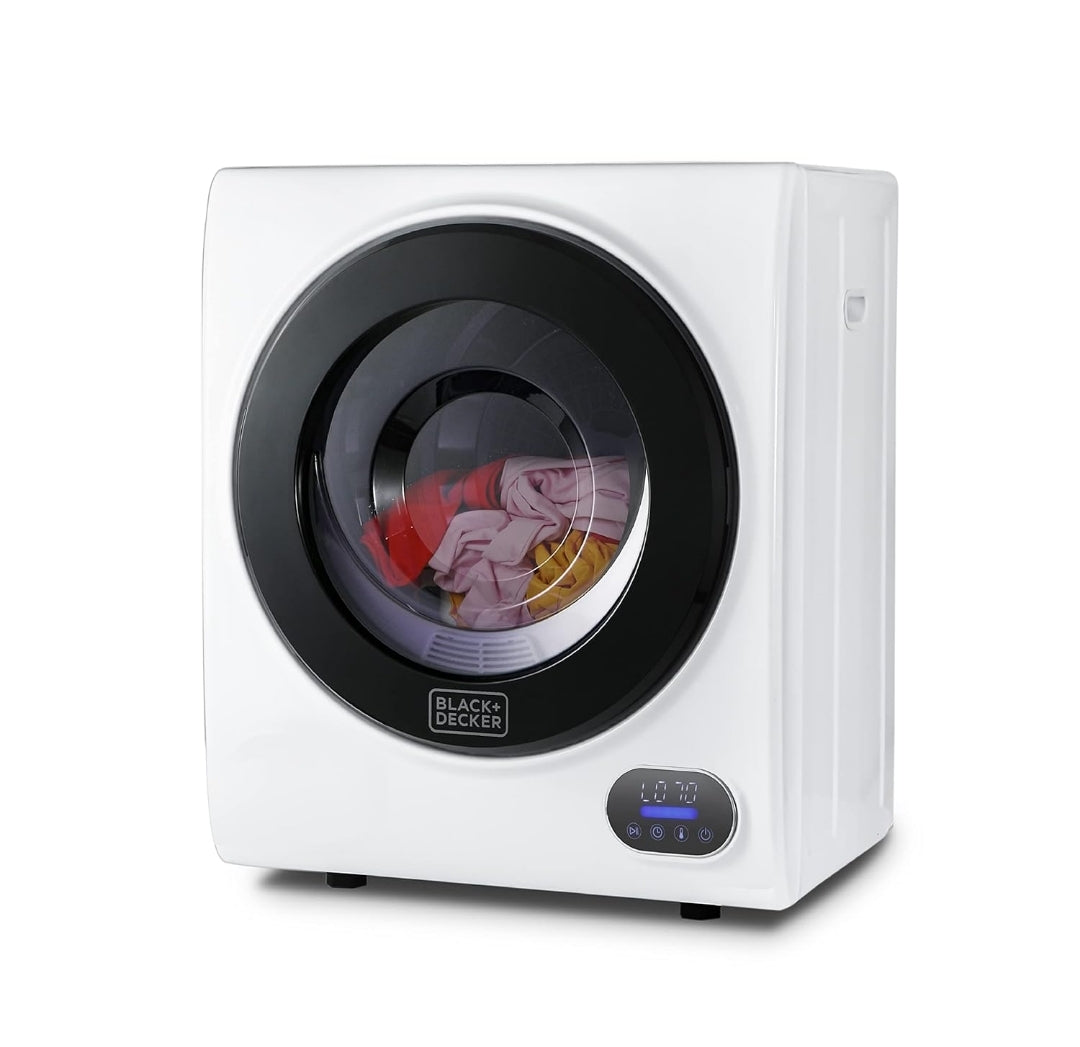BLACK+DECKER 1.5 Kub. Vt. Kompakte Droër, 2.5 kg Kapasiteit, 850W 120V Geventileerde Elektriese Droogmasjien met Vlekvrye Staal Trommel, Draagbare Droër vir Wasgoed vir Standaard Muurprop, BCED15, Wit