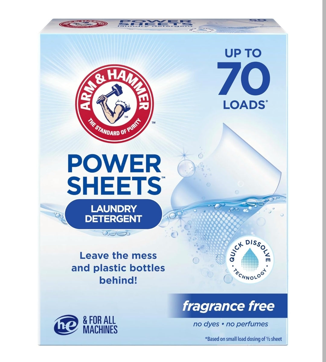 ARM & HAMMER Power Sheets Laundry Detergent, Fragrance Free, No Dyes or Perfumes - 35 Count