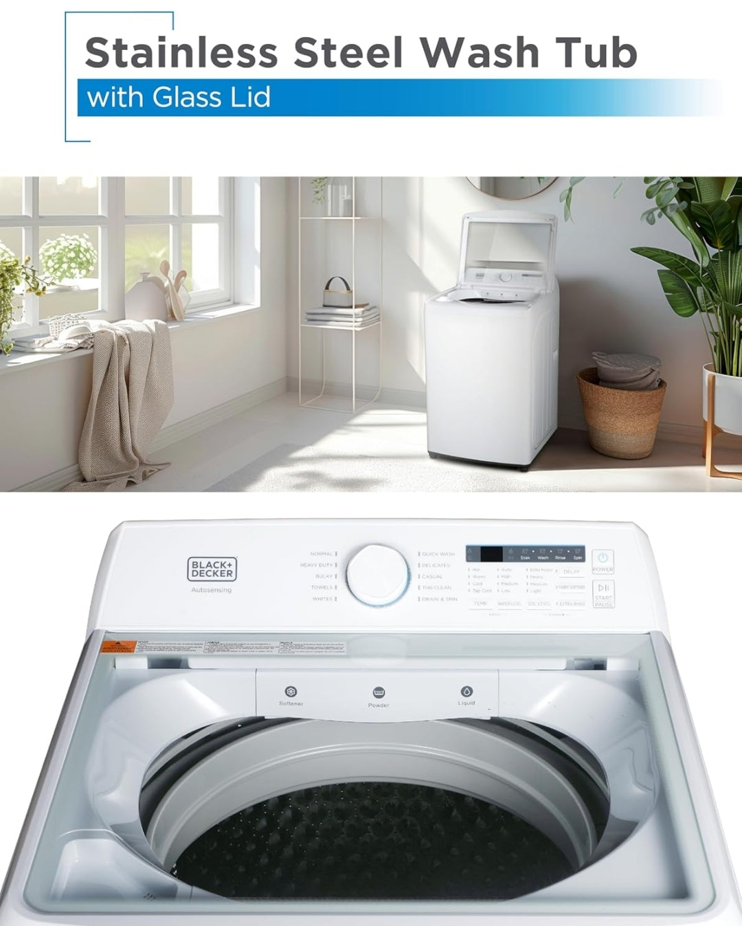 BLACK+DECKER 4.1 Kub. Vt. Bo-laai Wasmasjien met Roerder, Volgrootte Wasmasjien met Glasdeksel en Vlekvrye Staalbad, Masjien met LED-skerm, 10 Wasprogramme, 120V, BTLW41MW, Wit