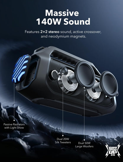 Soundcore Boom 2 Plus By Anker, Outdoor Speaker, 140W, 2+2 Channel, BassUp 2.0, 20H Playtime, Fast Charge, IPX7 Waterproof, RGB Lights, Power Bank, Bluetooth 5.3, Portable for Outdoors, Camping, Beach
