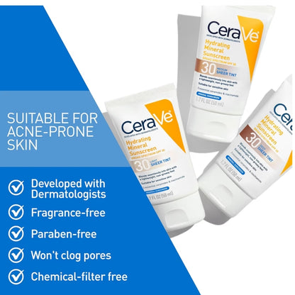 CeraVe Hydrating Mineral Sunscreen SPF 30 met Deursigtige Tint, met Sinkoksied & Titaandioksied Lig (1.7 Oz)