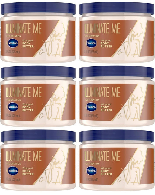 Vaseline Lotion - Illuminate Me Body Butter, Geklopte Karitébotter Saamgeskep met Swart Vroue vir Liggewende, Gloeiende Vel, Bevogtigende Lotion vir Uitermate Droë Vel, Geparfumeer, 11 Oz Elk (Pak van 6)