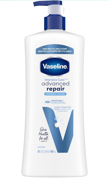 Vaseline Intensive Care Body Lotion Advanced Repair Unscented for Dry Skin Lotion Made with Ultra-Hydrating Lipids + Vaseline Jelly to Repair Extremely Dry Skin 32 Oz