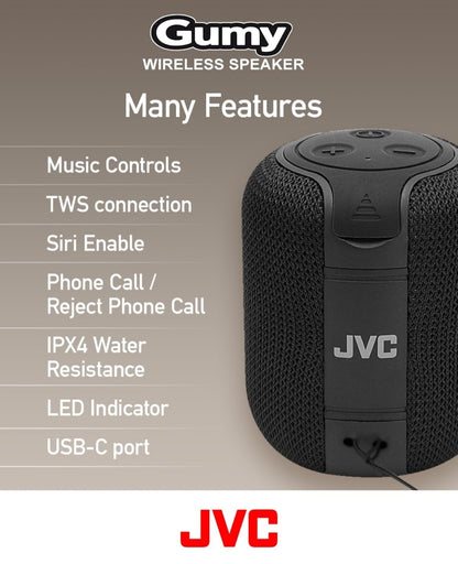 JVC Draagbare Gumy Koordlose Luidspreker met Omringklank, Bluetooth 5.3, Liggewig, TWS-vermoë, USB-C, tot 15-uur Batterylewe - SPSG1BTA (Blou)
