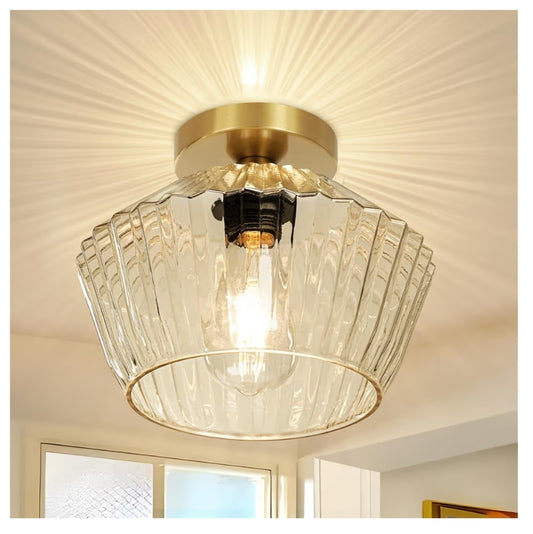 Flush Mount Ceiling Light – Semi Flush Light Fixture with Textured Glass Shade - Brass Gold Ceiling