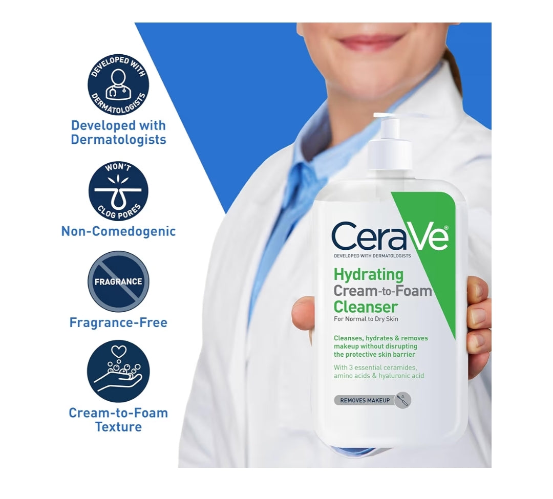 CeraVe Hydrating Cream To Foam Cleanser, Make-upverwyderaar Skuimende Gesigsreiniger met Hialuroonsuur, Normale tot Droë Vel - 19 oz