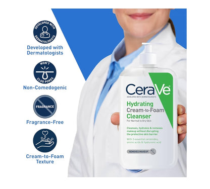 CeraVe Hydrating Cream To Foam Cleanser, Make-upverwyderaar Skuimende Gesigsreiniger met Hialuroonsuur, Normale tot Droë Vel - 19 oz