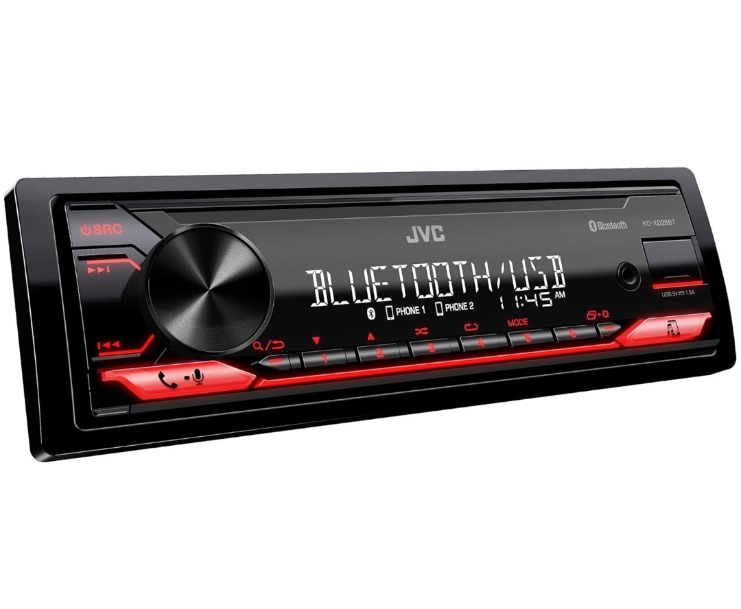 JVC KD-XD28BT Bluetooth Motorradio met USB-poort – AM/FM-radio, MP3-speler, hoëkontras-LCD, 50 Watt, Verwyderbare Voorpaneel – Enkel DIN – 13-band EQ