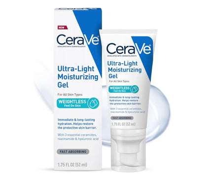 CeraVe Ultra-Light Moisturizing Gel, Hidrerende Gel Gesigbevogtiger met Seramiede, Niasinamied, Hialuronzuur, sonder Geur - 1.75 FL oz