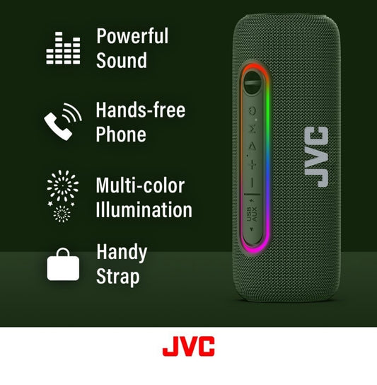 JVC Verligte Draagbare Koordlose Luidspreker met 20W maksimum uitsette, Dinamiese Klank, Bluetooth 5.0, TWS-vermoë, USB-C, IPX5, AUX-in, tot 5-uur batterylewe - SPPA5BTG (Groen)