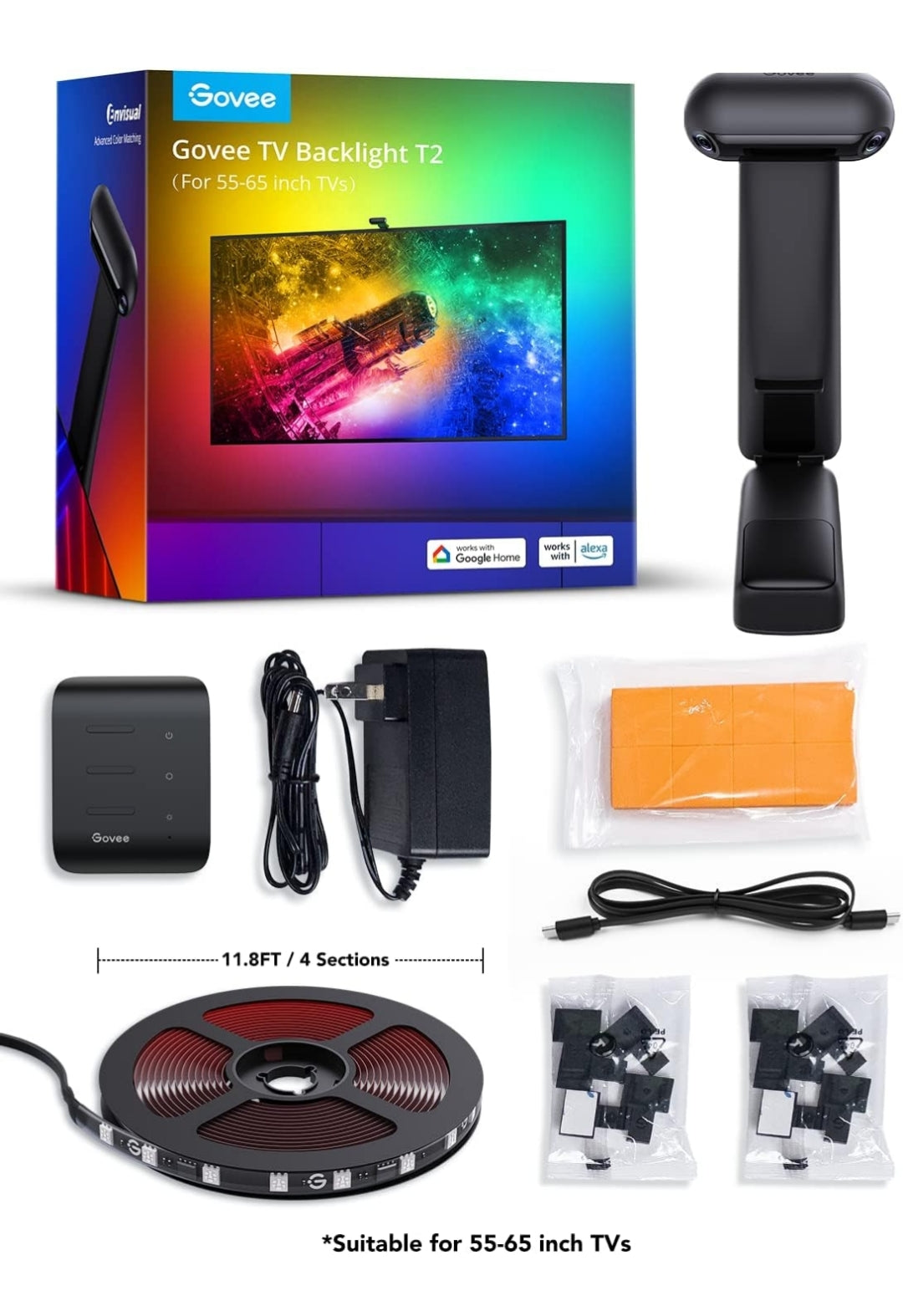 Govee Envisual TV LED Backlight T2 with Dual Cameras, 11.8ft RGBIC Wi-Fi LED Strip Lights for 55-65 inch TVs, Double Strip Light Beads, for Home Decorations, Smart App Control, Music Sync