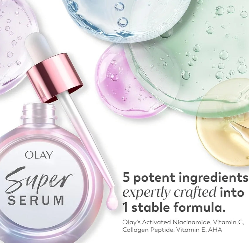 Olay Super Serum - Niasienamied, Vitamien C & E, Kollageenpeptied, AHA - 5-in-1 Velversorging Verhelderend Anti-Veroudering (29 ml)