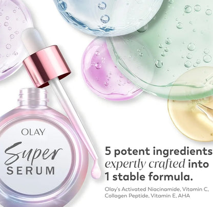 Olay Super Serum - Niasienamied, Vitamien C & E, Kollageenpeptied, AHA - 5-in-1 Velversorging Verhelderend Anti-Veroudering (29 ml)