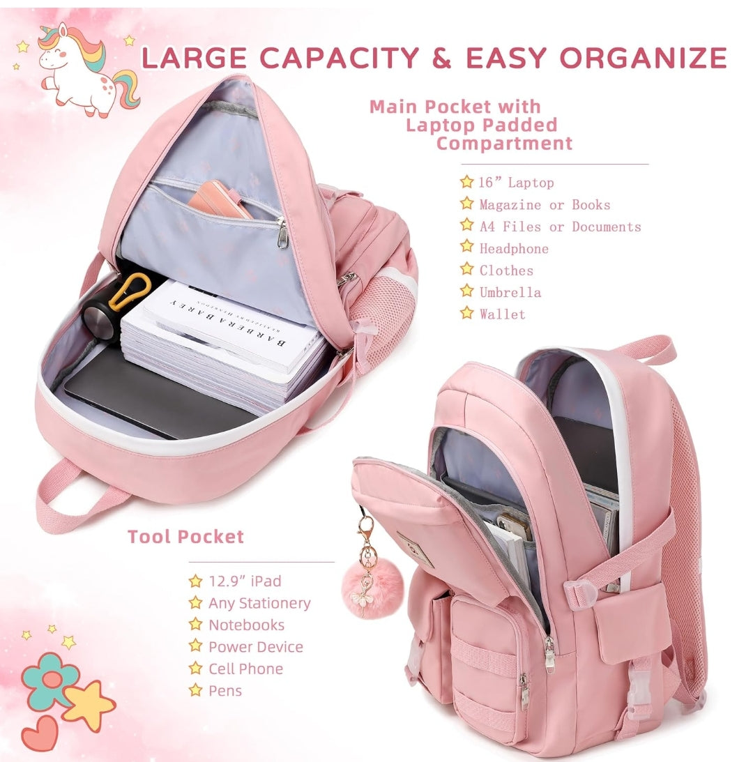 Backpack for Girls Laptop Backpacks 15.6 Inch College Cute Bookbag Anti Theft Primary Elementary School Bag Casual Daypack for Students Teens Girl Women (Pink)