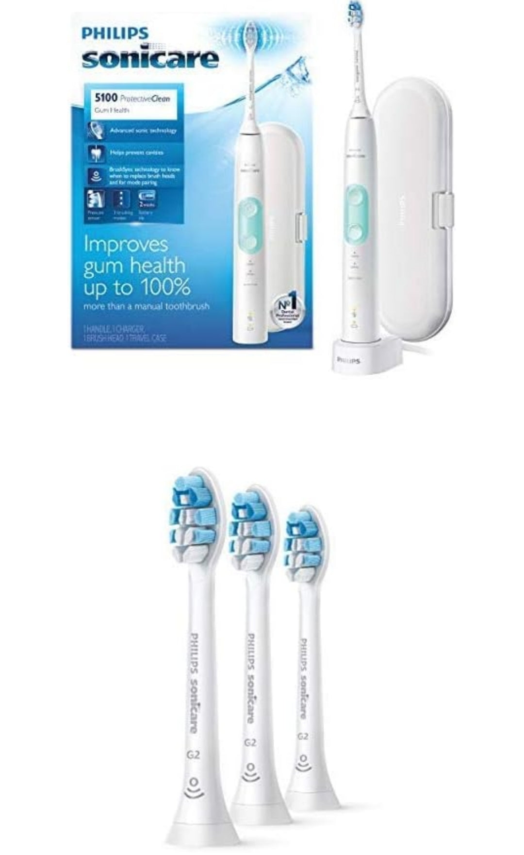 Philips Sonicare ProtectiveClean 5100 Elektriese Herlaaibare Tandeborsel met Egte Philips Sonicare Optimale Tandvleisgesondheid Vervangende Tandeborselkoppe, Wit 3-pak