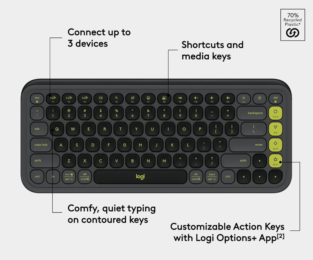 Logitech POP ICON Keys Wireless Bluetooth Keyboard, Comfortable Typing, Programmable Keys, Easy-Switch Between up to 3 Devices, for Laptop, Tablet, PC – Graphite and Green