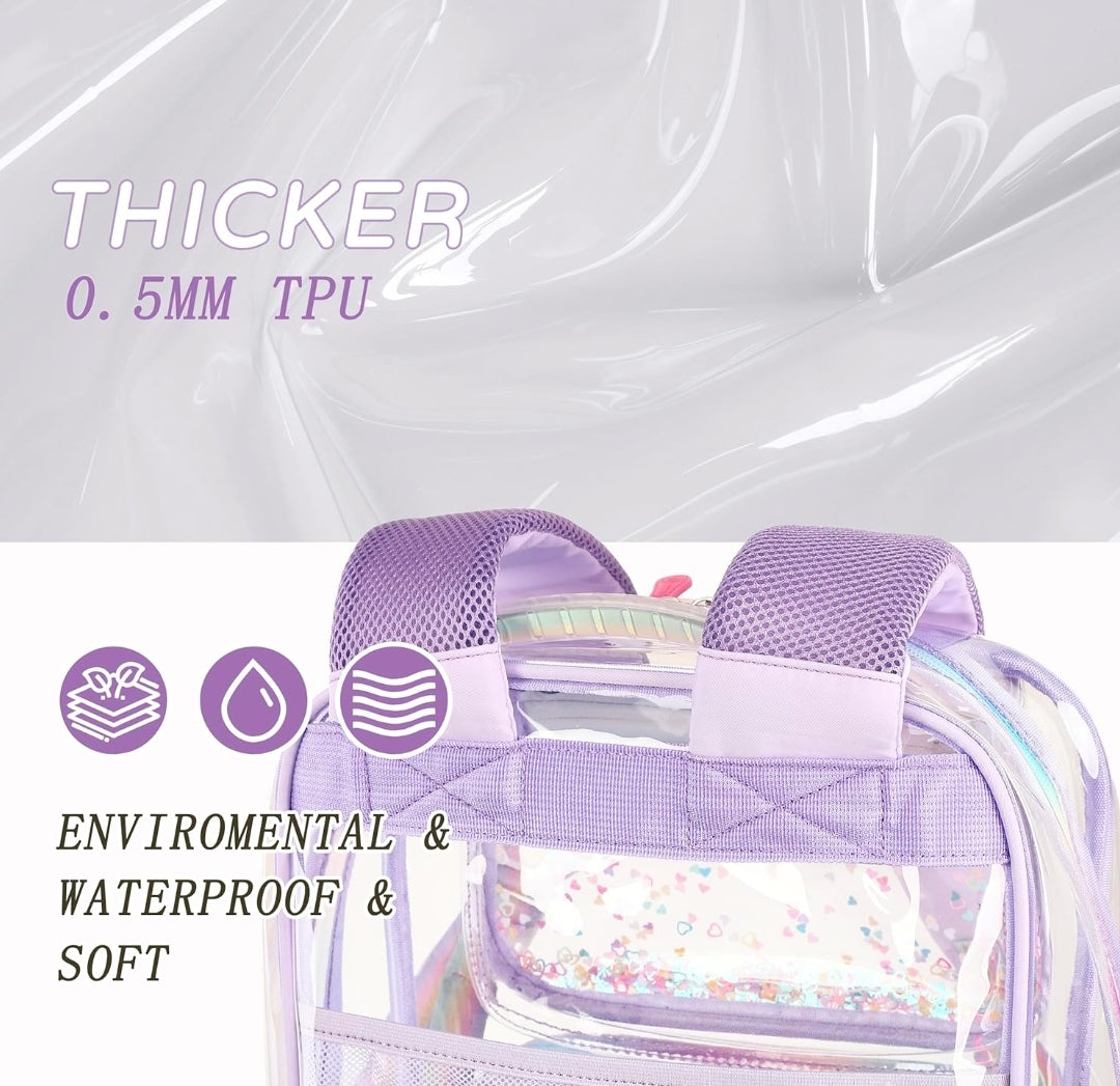 Clear Backpack for Girls Women Transparent Kids Elementary College School Bag Travel Laptop Backpacks Large Bookbags (Purple)
