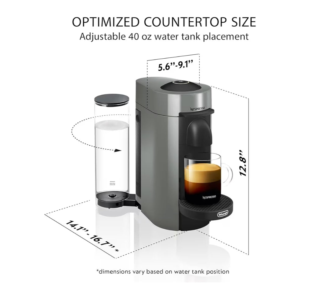 Nespresso Vertuo Plus Koffie- en Espressomasjien deur De'Longhi m/ Aeroccino Melkskuimer - Grys