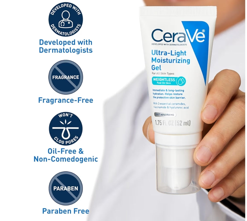 CeraVe Ultra-Light Moisturizing Gel, Hidrerende Gel Gesigbevogtiger met Seramiede, Niasinamied, Hialuronzuur, sonder Geur - 1.75 FL oz