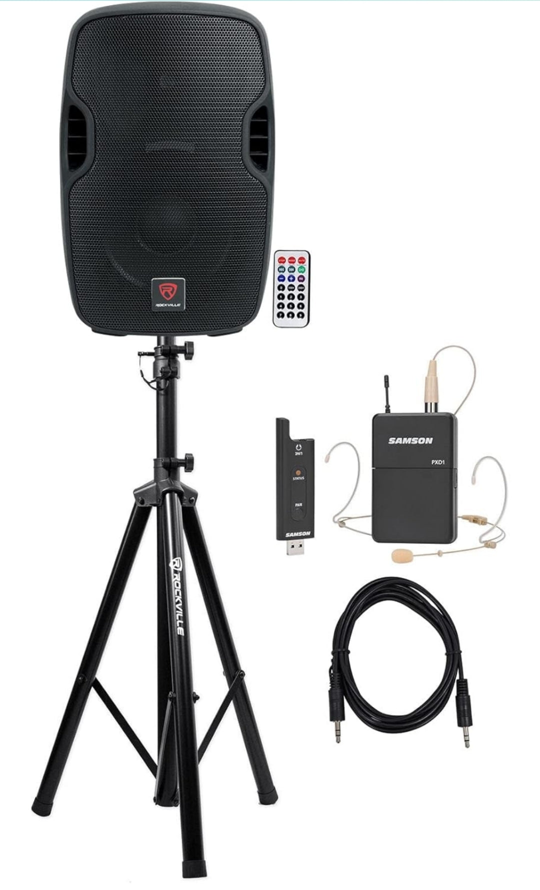 Rockville BPA10 10" Professional Powered Active 400w DJ PA Speaker Bundle with Metra IB3.5MM 6 Foot 3.5mm Male, Rockville RVES05 Black & Samson Stage XPD2 Digital Wireless USB (4 Items)