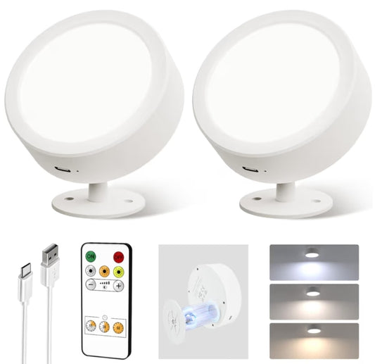 LED Wall Mounted Lights, 2 Pack 5500mAh Rechargeable Remote and Touch Control, 360°Rotation Dimmable Cordless (White)
