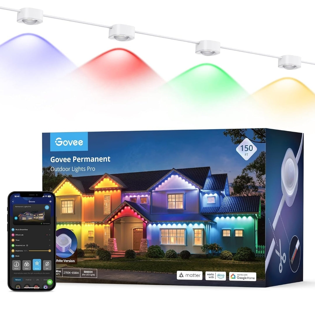 Permanent Outdoor Lights Pro, 150ft with 90 RGBIC LED Lights for Daily and Accent Lighting, 75 Scene Modes for Outdoor Decor, IP67 Waterproof, Works with Alexa, Google Assistant, Matter, White