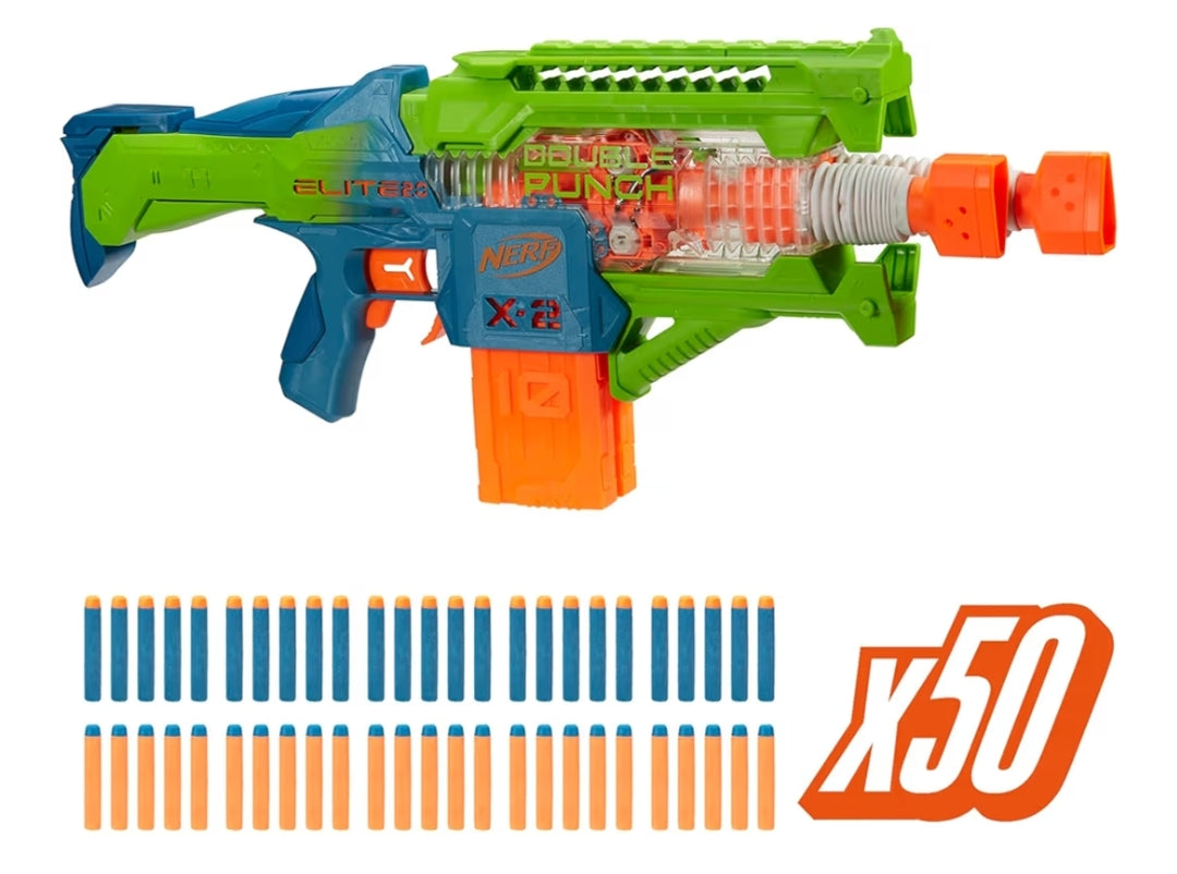 Nerf Elite 2.0 Double Punch Motorized Blaster, 50 Darts, 2x 10-Dart Clips, Ages 8+