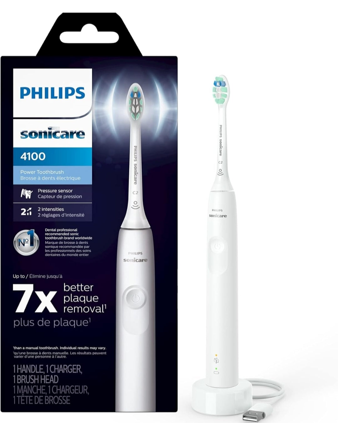 Philips Sonicare 4100 Herlaaibare Elektriese Tandeborsel, met Druksensor, 2 Intensiteitinstellings- Wit (Model HX3681/23)