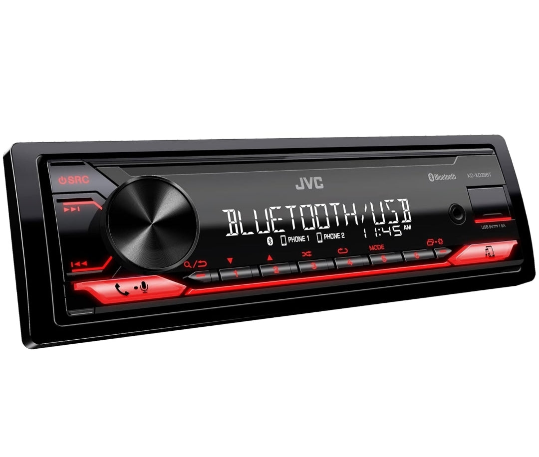 JVC KD-XD28BT Bluetooth Motorradio met USB-poort – AM/FM-radio, MP3-speler, hoëkontras-LCD, 50 Watt, Verwyderbare Voorpaneel – Enkel DIN – 13-band EQ