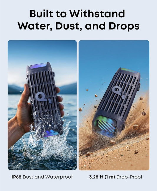 Soundcore Boom 3i deur Anker, Stewige Buite-luidsprekers, IP68 Waterdig, Drywende Terugspeel, Soutwaterbestand, BassUp 2.0, 50W Draagbare Luidspreker, Bluetooth 5.3, 16H, TWS, Kajak/Visvang/Kampering-Blou