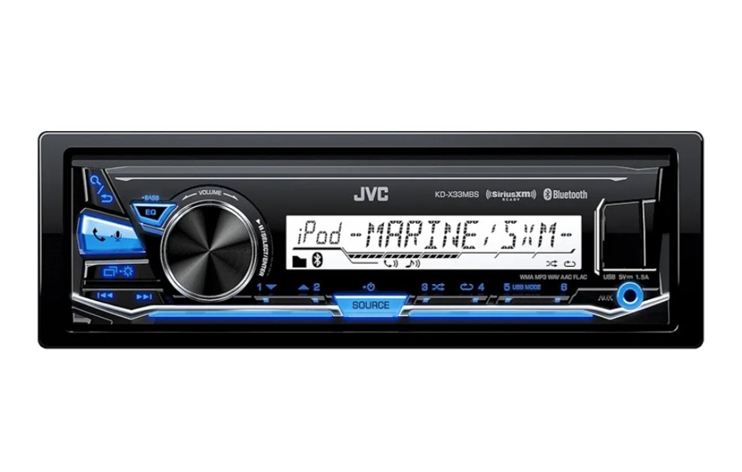 JVC KD-X33MBS Mechless Bluetooth Marine Radio and a pair of JVC CS-DR6200M 6.5" Black Marine Coaxial Speakers