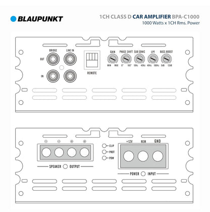 BLAUPUNKT BPA-C1000 Elite C-Series Car Audio Mono Block Class D Amplifier - 1000 Watts x 1-Channel Rms - 2000 Watts Max Power Monoblock Amp - Black