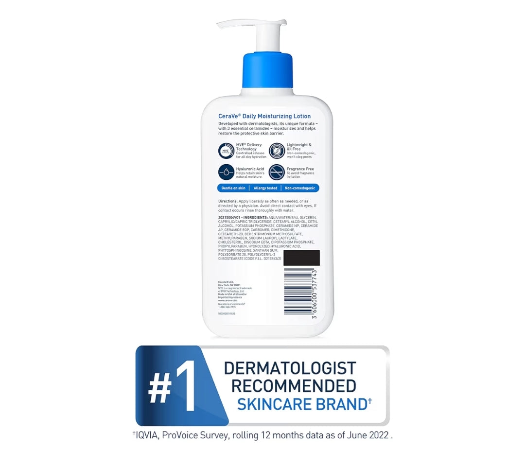 CeraVe Daaglikse Bevogtigende Melk vir Droë Vel, Liggaamsmelk en Gesigbevogtiger met Hialuronsuur en Seramied (19 Oz)