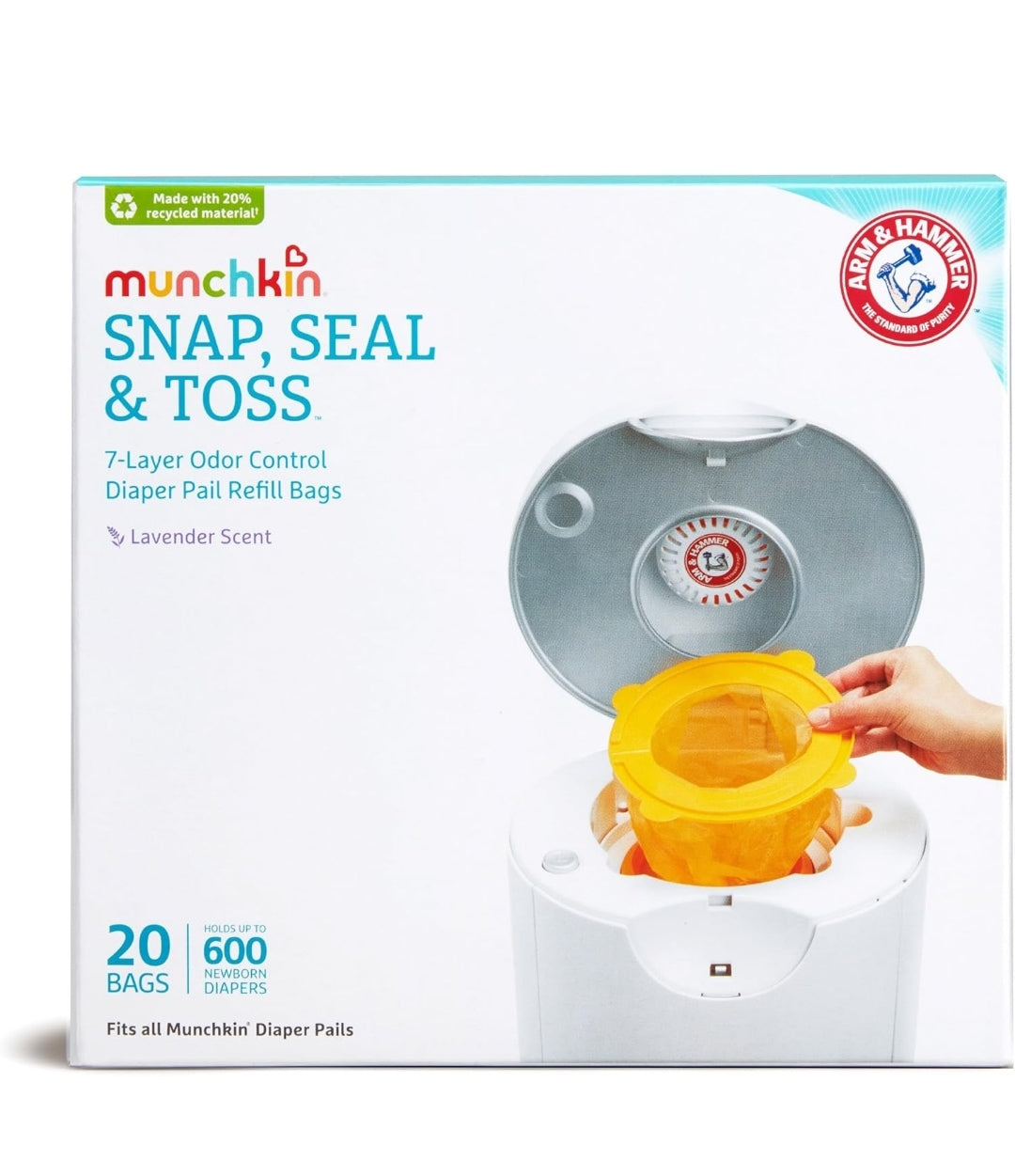 Munchkin Arm & Hammer Diaper Pail Snap, Seal & Toss Refill Bags, Holds up to 600 Newborn Diapers (20 Pack)