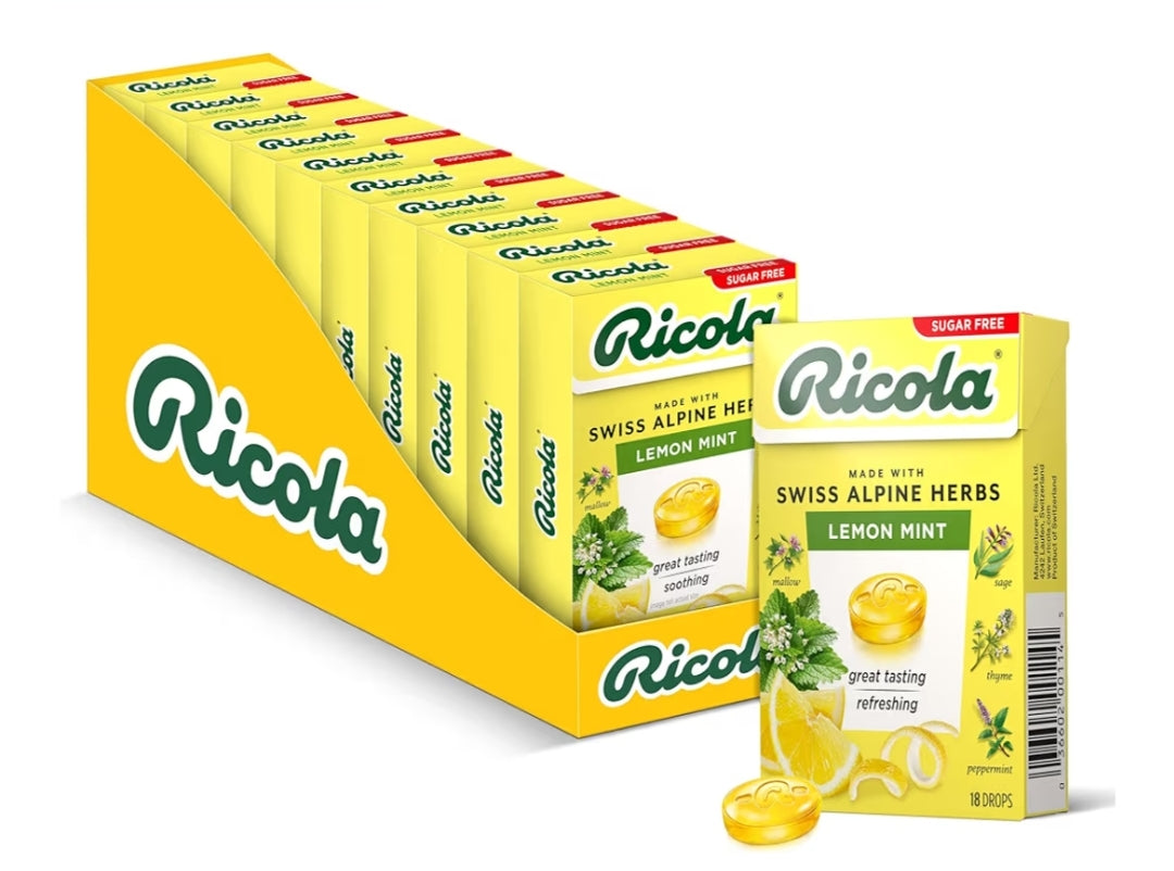 Ricola Suikervrye Suurlemoen Munt Reisgrootte Stemverfrissing, 18 Druppels Per Boks (Pak van 10)