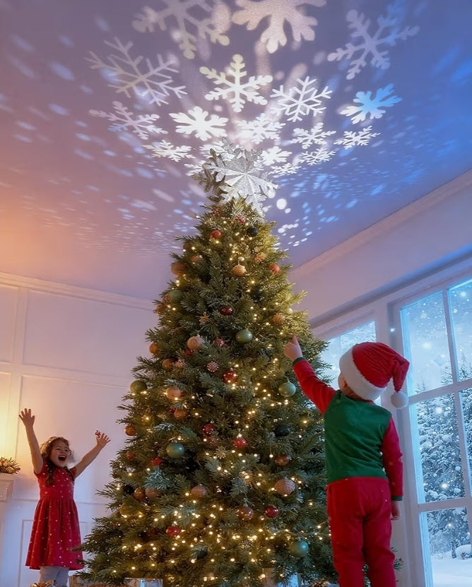 Christmas Tree Topper Lighted w/ Silver Snowflake Projector, Led Rotating, 3D Hollow Glitter Lighted Decorations