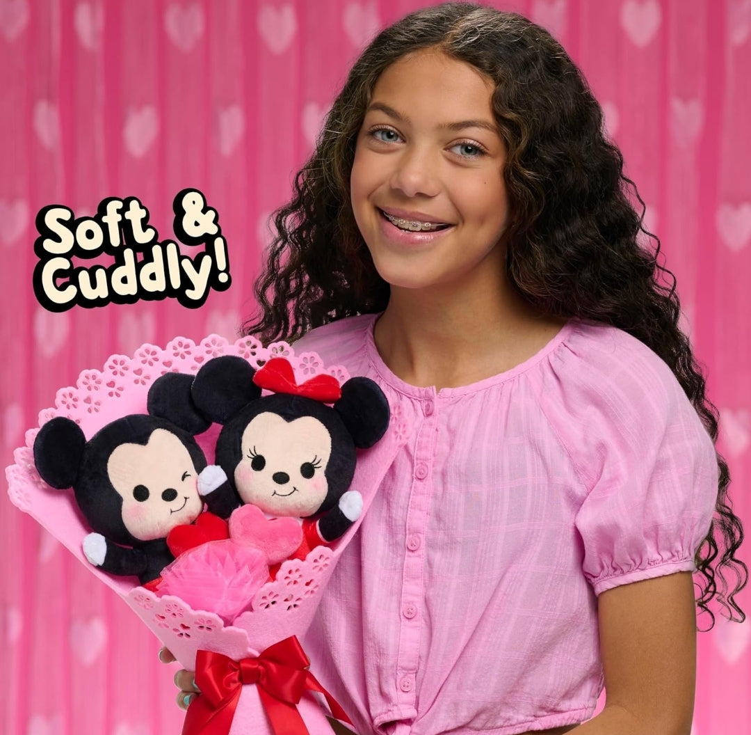 Just Play Disney Valentine’s 13.5" Bouquet w/ Medium Mickey Mouse and Minnie Mouse Plush Stuffed Animals Collectible Plush Hearts