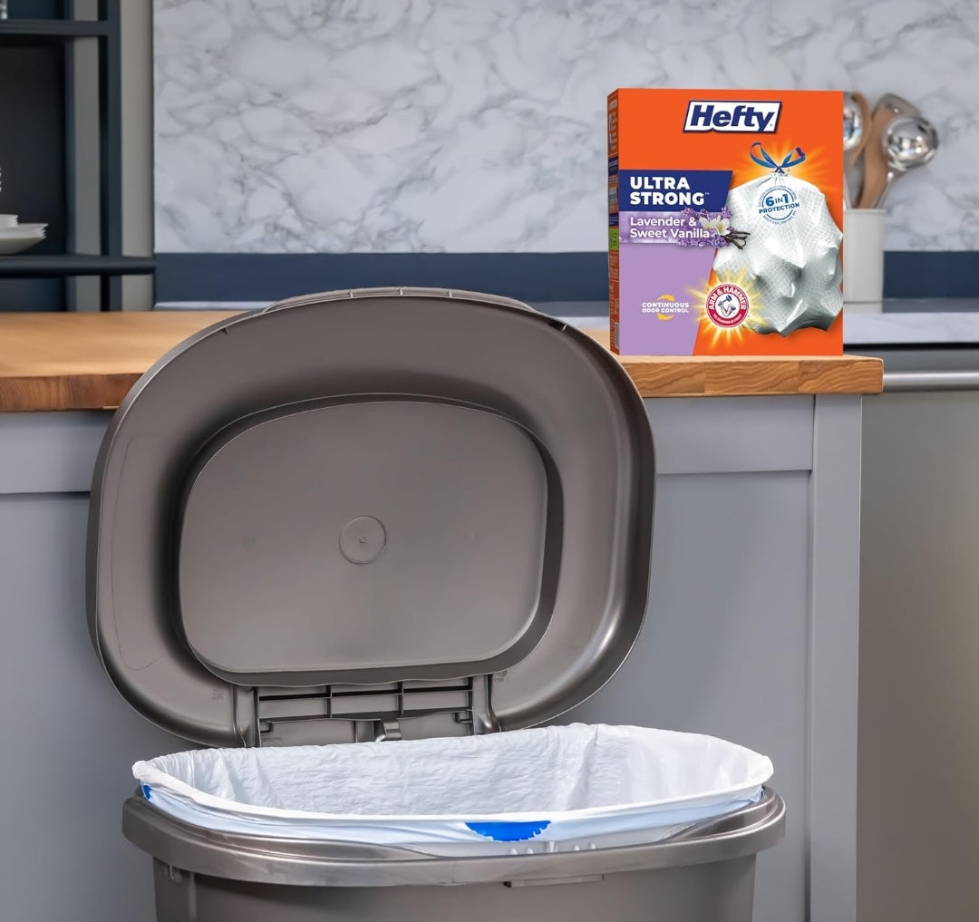 Hefty Ultra Strong 13 Gallon Trash Bags 13 Gallon Size, Drawstring Closure Odor Control/White, Lavender & Sweet Vanilla Scent