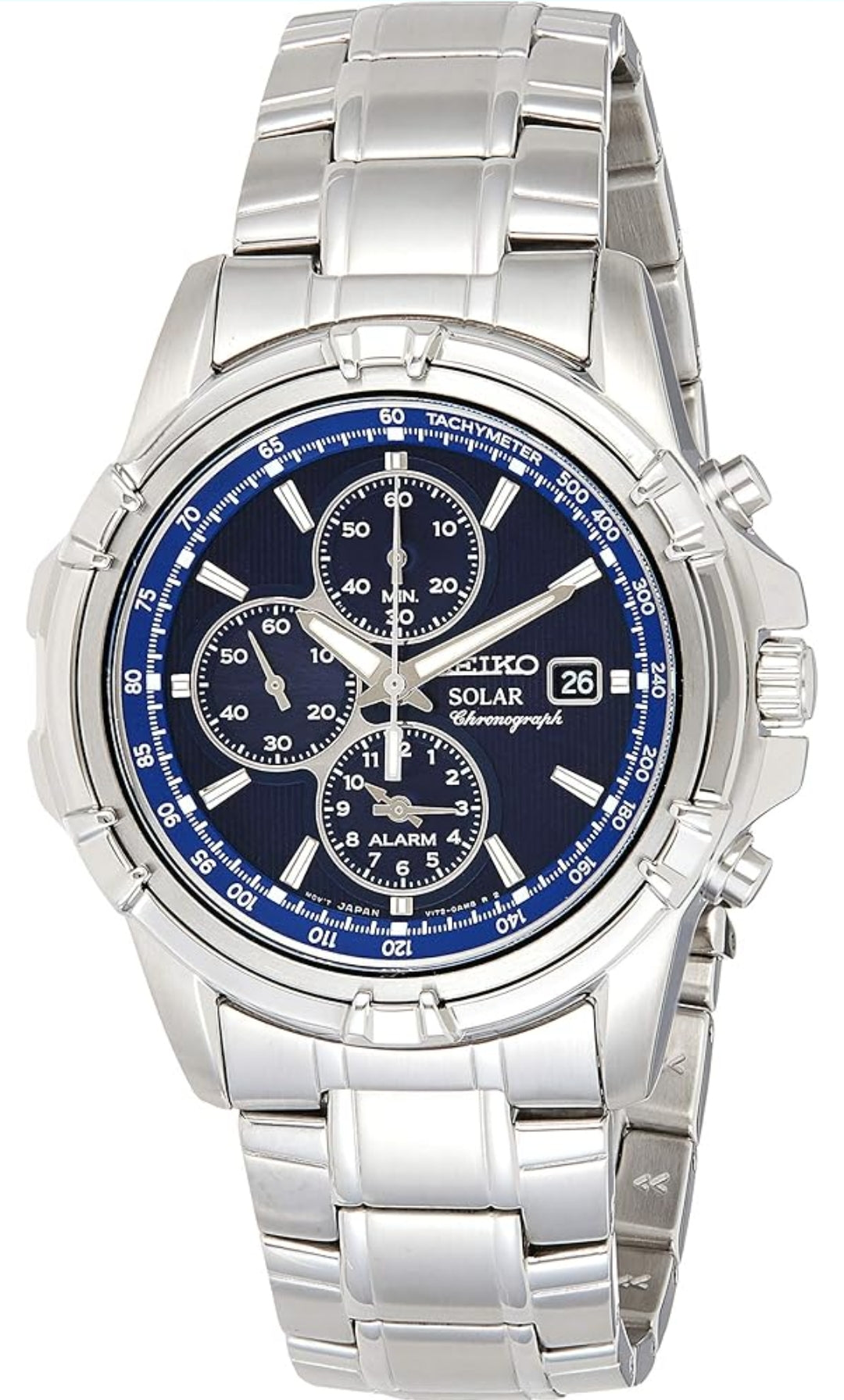 SEIKO Horlosie met Sonkrag-Chronograaf, Datumkalender en LumiBrite-wysers, Vlekvrye Staal en Waterbestand tot 100m - BLOU